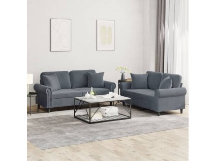 2dílná sedací souprava s polštáři tmavě šedá samet 3202231