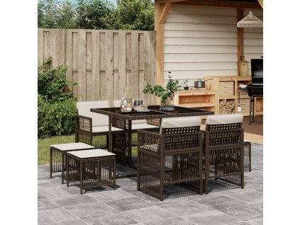 9dílný zahradní jídelní set s poduškami hnědý polyratan 3210957