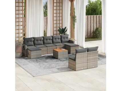 10dílná zahradní sedací souprava s poduškami šedá polyratan 3257096