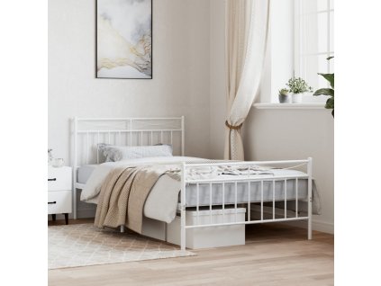 Kovový rám postele s hlavovým a nožním čelem bílý 107 x 203 cm 373754