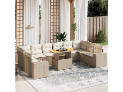 11dílný zahradní sedací souprava s poduškami béžový polyratan 3272808