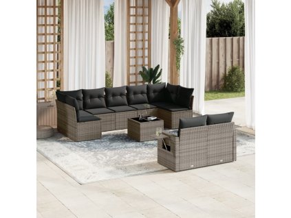 10dílná zahradní sedací souprava s poduškami šedá polyratan 3252967