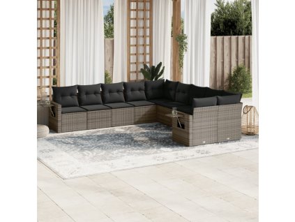 10dílná zahradní sedací souprava s poduškami šedá polyratan 3253047