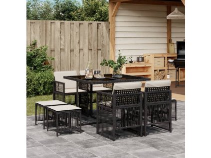 9dílný zahradní jídelní set s poduškami černý polyratan 3210954