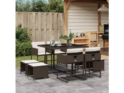 9dílný zahradní jídelní set s poduškami hnědý polyratan 3211317