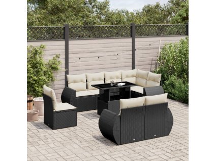 9dílná zahradní sedací souprava s poduškami černá polyratan 3268666