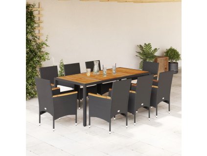 9dílný zahradní jídelní set a podušky černý polyratan a akácie 3278632