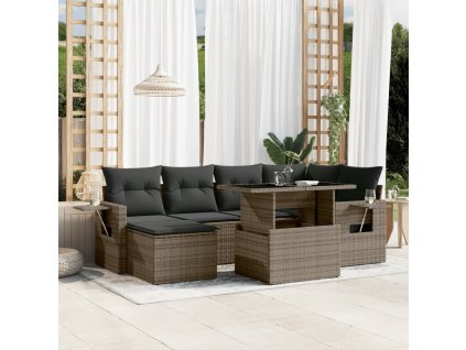 7dílná zahradní sedací souprava s poduškami šedá polyratan 3268050