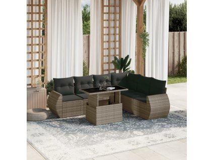 7dílná zahradní sedací souprava s poduškami šedá polyratan 3268560