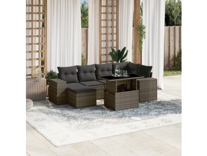 7dílná zahradní sedací souprava s poduškami šedá polyratan 3269310