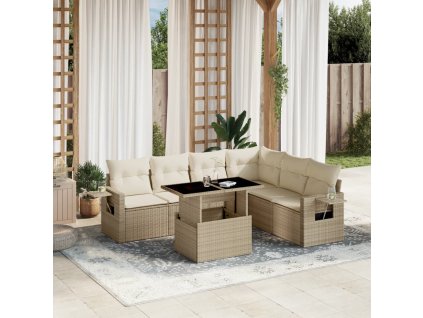 7dílná zahradní sedací souprava s poduškami béžová polyratan 3267928