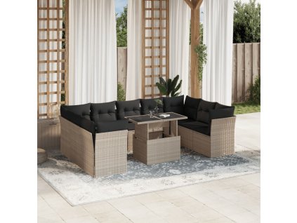 10dílná zahradní sedací souprava podušky světle šedá polyratan 3266822