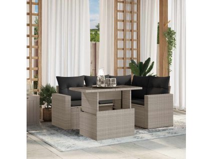 5dílná zahradní sedací souprava a podušky světle šedá polyratan 3267252