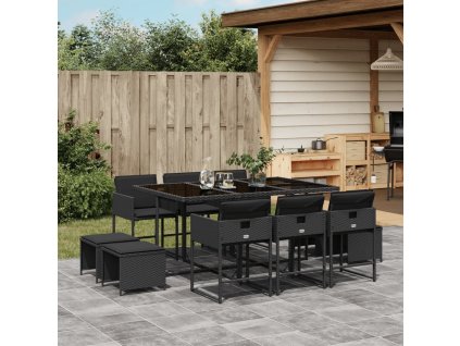 11dílný zahradní jídelní set s poduškami černý polyratan 3211327