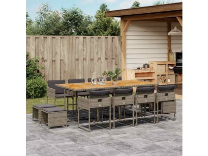 13dílný zahradní jídelní set s poduškami šedý polyratan 3211346