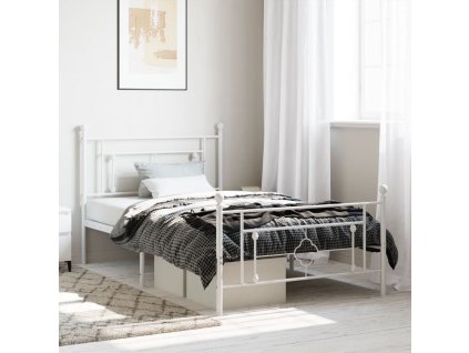 Kovový rám postele s hlavovým a nožním čelem bílý 107 x 203 cm 374402