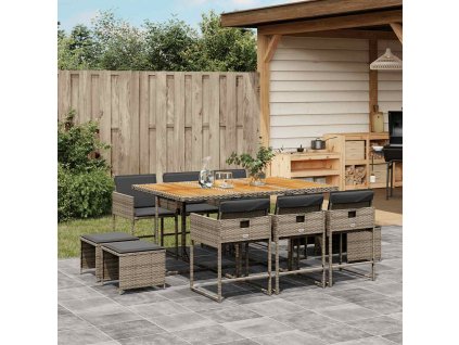 11dílný zahradní jídelní set s poduškami šedý polyratan 3211334