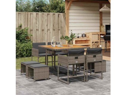 9dílný zahradní jídelní set s poduškami šedý polyratan 3211322
