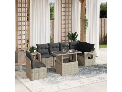 7dílná zahradní sedací souprava a podušky světle šedá polyratan 3267942