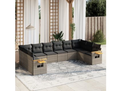 10dílná zahradní sedací souprava s poduškami šedá polyratan 3259568