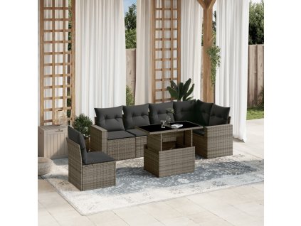 7dílná zahradní sedací souprava s poduškami šedá polyratan 3267310