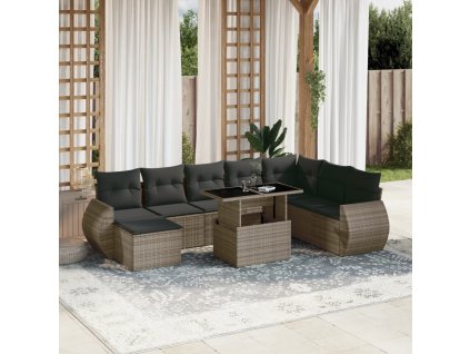 9dílná zahradní sedací souprava s poduškami šedá polyratan 3268730