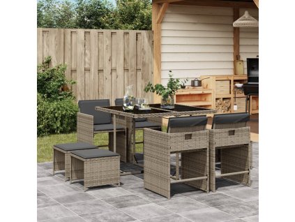 9dílný zahradní jídelní set s poduškami šedý polyratan 3211136