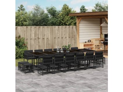 17dílný zahradní jídelní set s poduškami černý polyratan 3211543