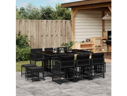 11dílný zahradní jídelní set s poduškami černý polyratan 3211687