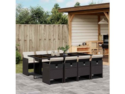 9dílný zahradní jídelní set s poduškami černý polyratan 3210558