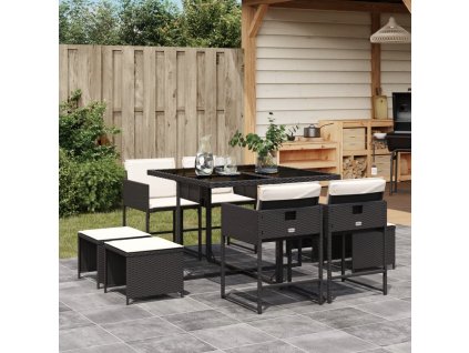 9dílný zahradní jídelní set s poduškami černý polyratan 3211314