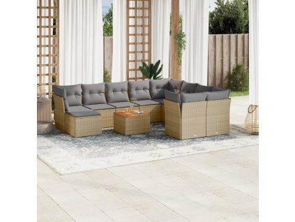 11dílný zahradní sedací souprava s poduškami béžový polyratan 3223973