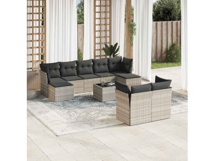 10dílná zahradní sedací souprava podušky světle šedá polyratan 3218322