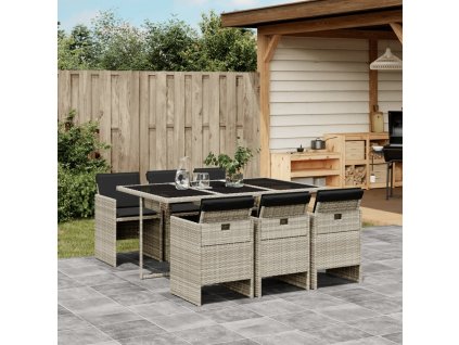 7dílný zahradní jídelní set s poduškami světle šedý polyratan 3210551