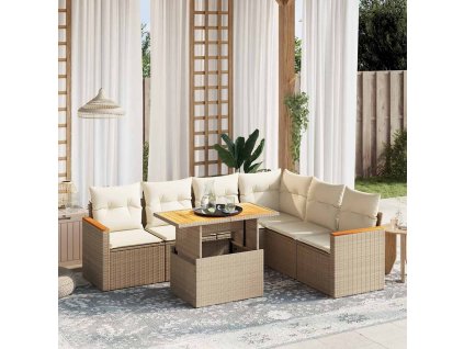 7dílná zahradní sedací souprava s poduškami béžová polyratan 3273095
