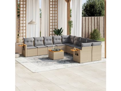 11dílný zahradní sedací souprava s poduškami béžový polyratan 3259602