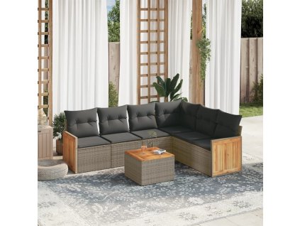 7dílná zahradní sedací souprava s poduškami šedá polyratan 3227691