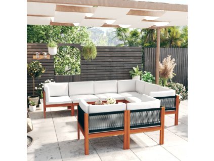 10dílná zahradní sedací souprava s polštáři krémové dřevo akácie a provaz 3057892