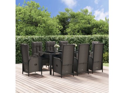 9dílný zahradní jídelní set s poduškami černý a šedý polyratan 3185058