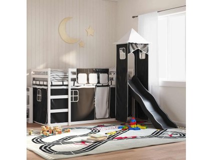 Patrová postel se skluzavkou a závěsy bílá a černá 90 x 200 cm 3284191