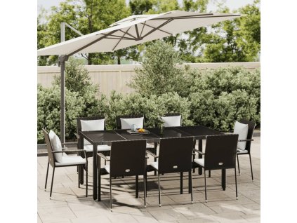9dílný zahradní jídelní set s poduškami černý polyratan 3184980