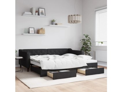 Válenda s přistýlkou a zásuvkami černá 90 x 200 cm textil 3197464