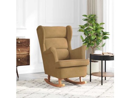 Houpací křeslo s opěradlem, hnědý samet a masivní dřevo 329371