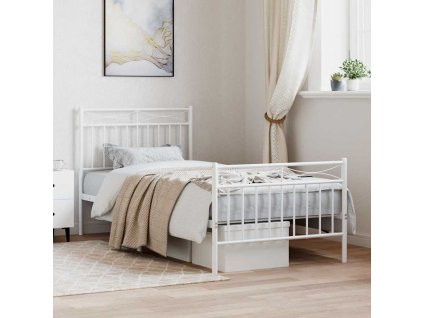 Kovový rám postele s hlavovým a nožním čelem bílý 90 x 190 cm 373750