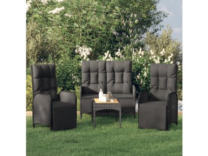 4dílný zahradní jídelní set s poduškami černý polyratan 3185086