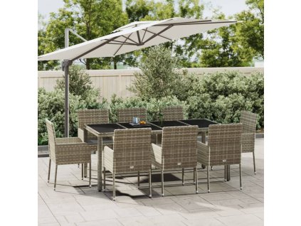 9dílný zahradní jídelní set s poduškami šedý polyratan 3185010