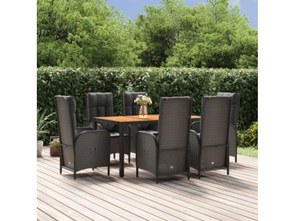 7dílný zahradní jídelní set s poduškami černý polyratan 3185071