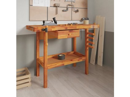Pracovní stůl se zásuvkou a svěráky 124 x 52 x 83 cm masivní akácie 153320