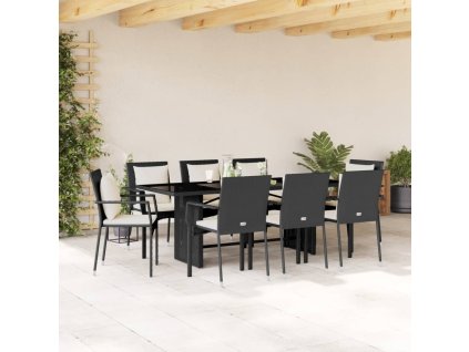 9dílný zahradní jídelní set s poduškami černý polyratan 3213491