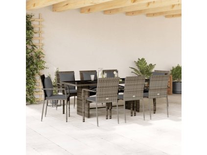 9dílný zahradní jídelní set s poduškami šedý polyratan 3213493